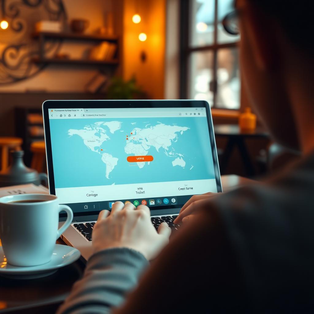 Person using a laptop with a VPN interface in a cozy coffee shop