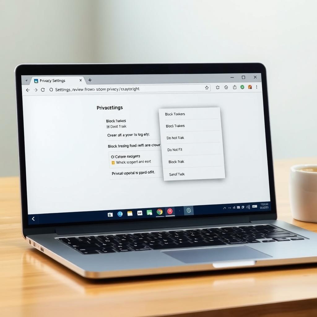 Laptop screen showing Firefox browser privacy settings on a wooden desk