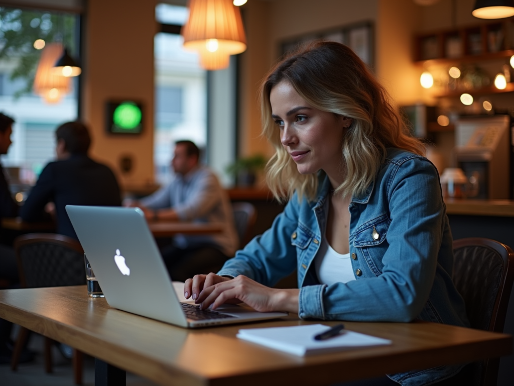 Person working on laptop with VPN in a café