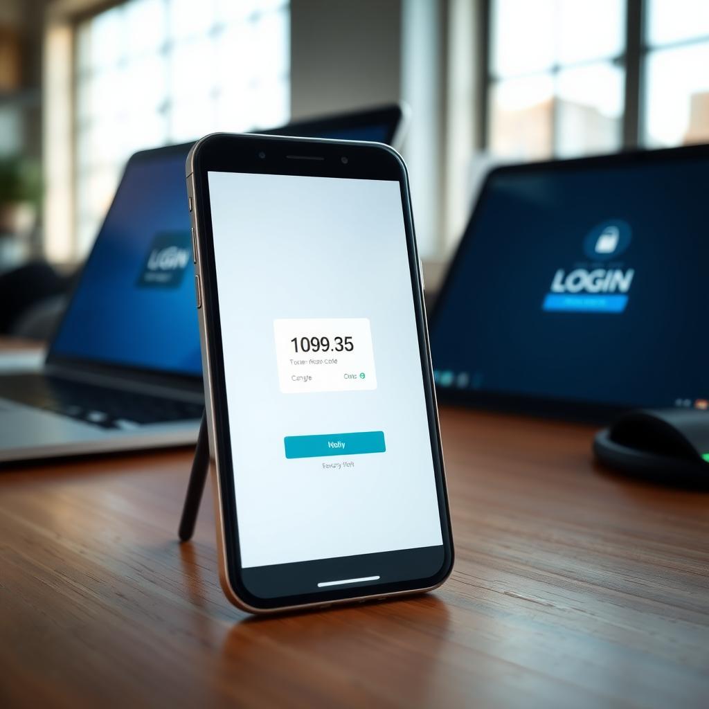 Smartphone showing a 2FA code next to a laptop with a login screen on a wooden desk