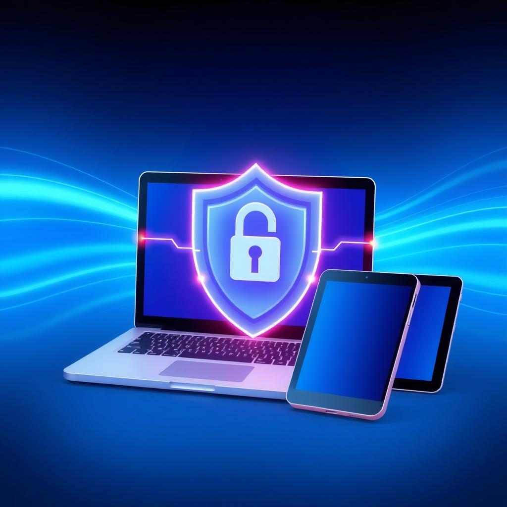 Digital shield protecting a laptop, smartphone, and tablet with encrypted data lines.