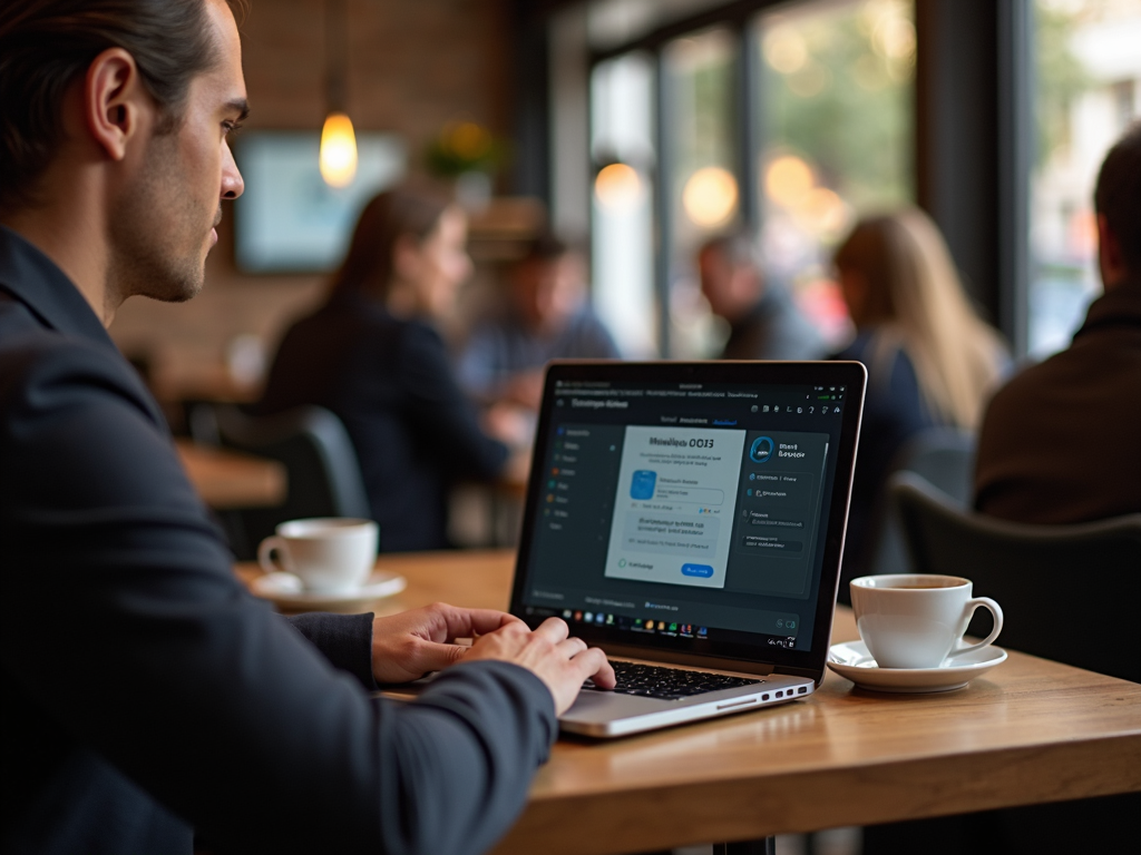 Person using VPN on laptop in busy coffee shop