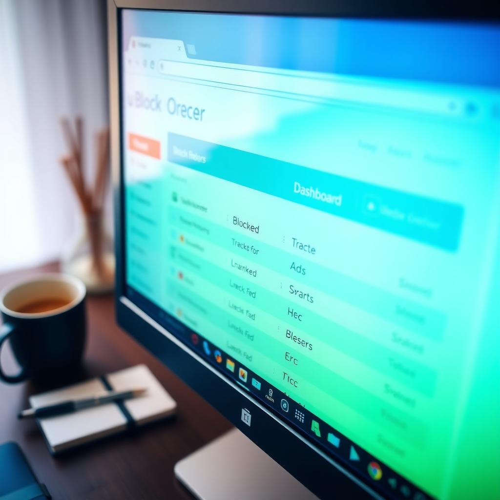 Computer screen showing uBlock Origin’s tracker-blocking dashboard on a desk