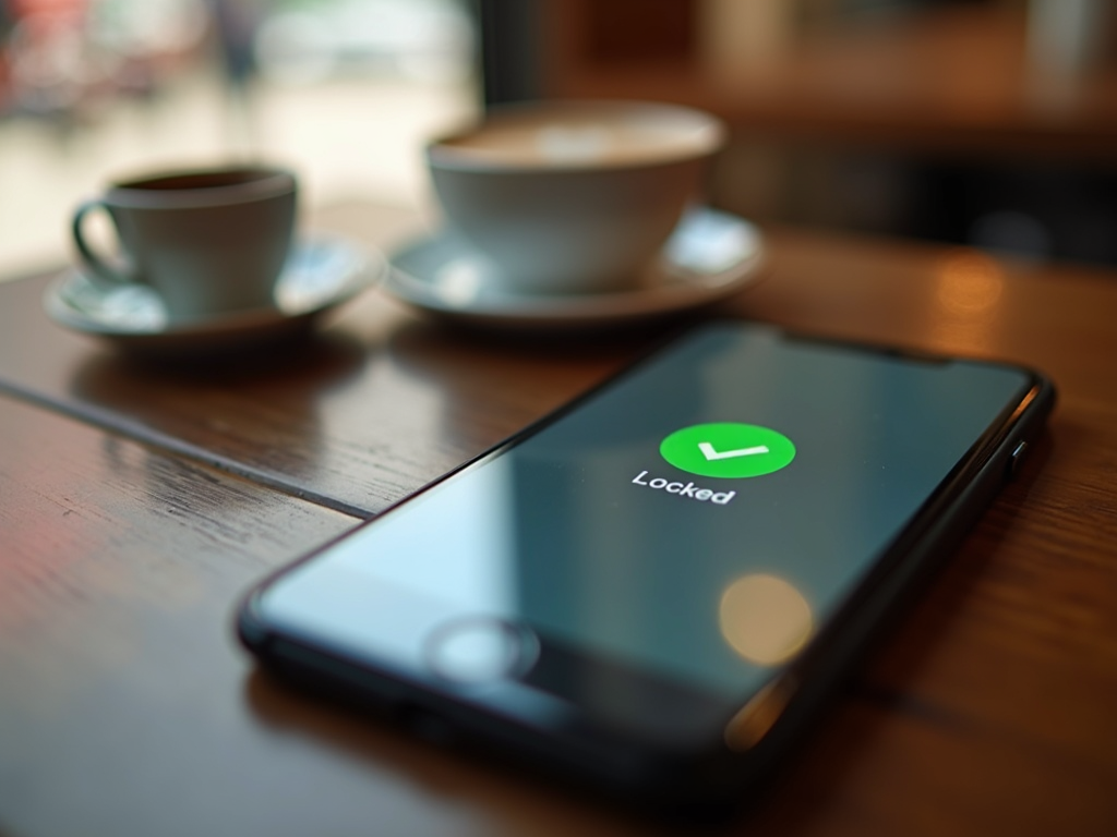Smartphone displaying a secure messaging app with a locked icon on the screen, in a coffee shop setting.