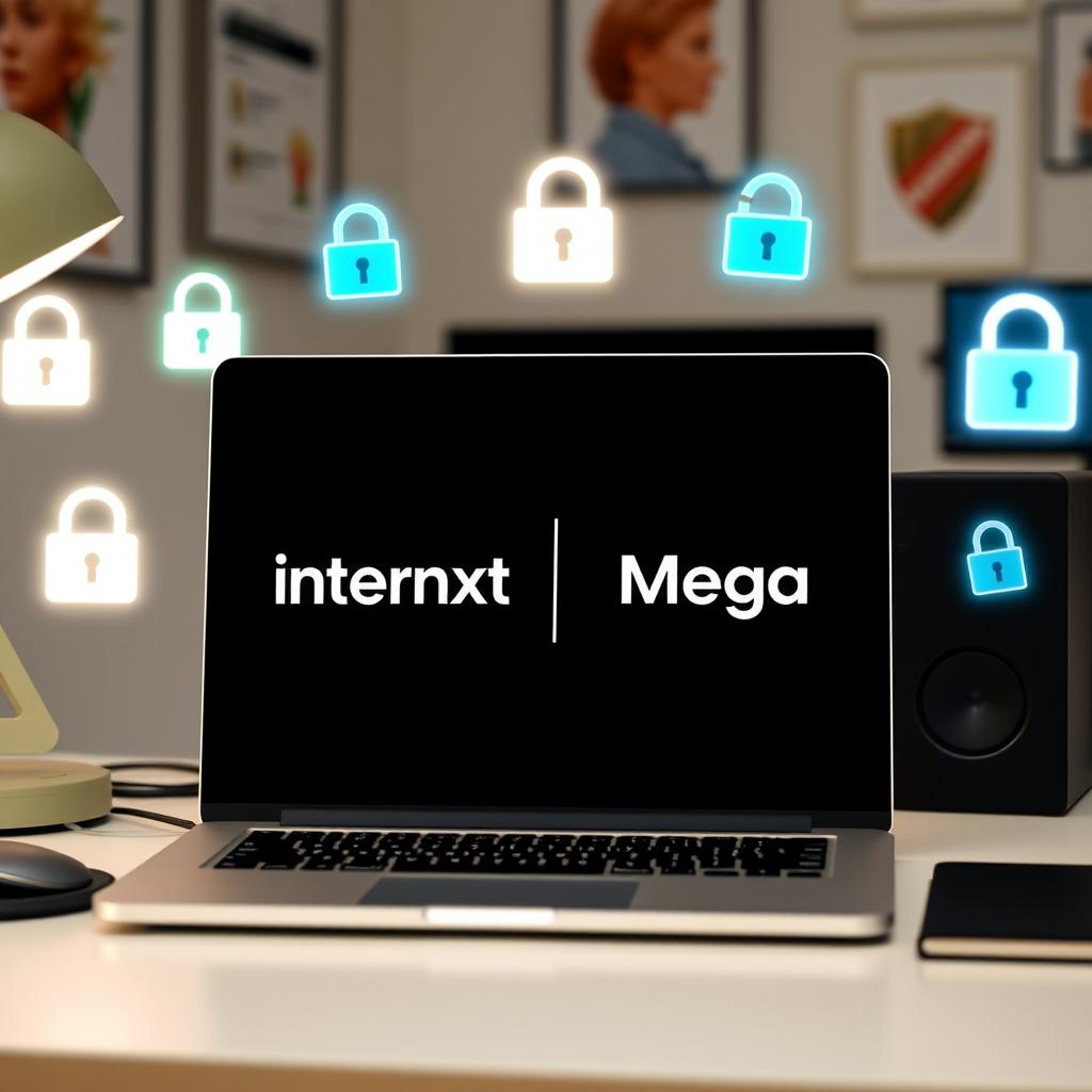 Laptop displaying Internxt and Mega logos with digital padlocks