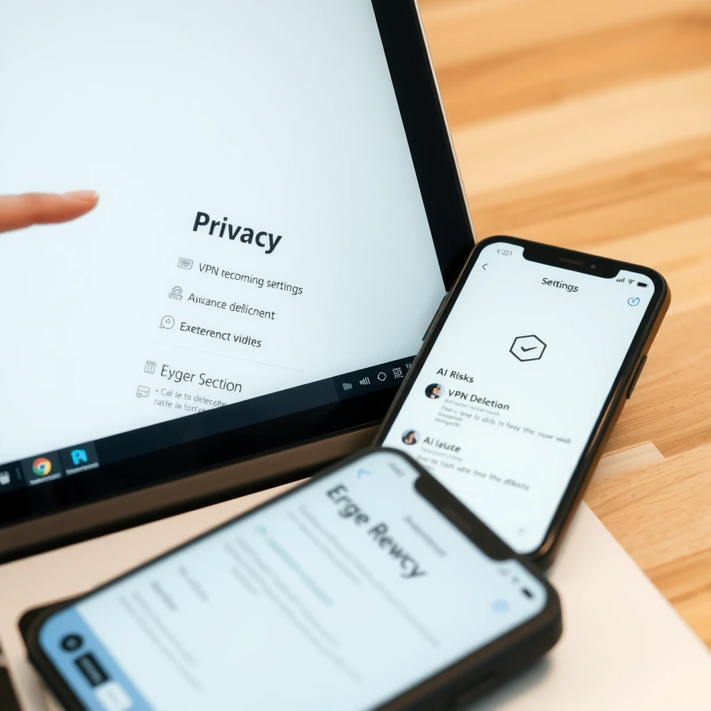 Smartphone and laptop showing privacy tools icons including VPN and data removal options