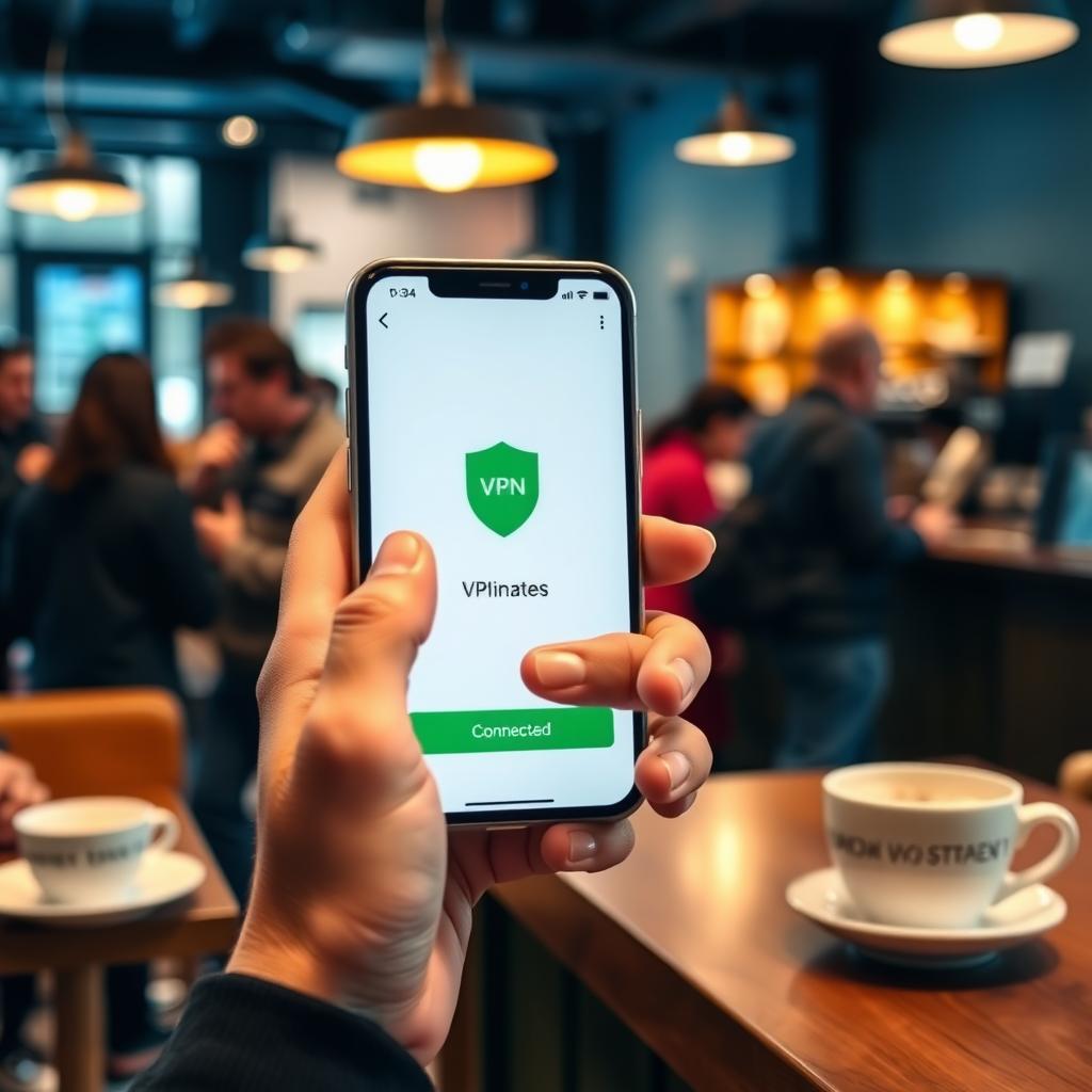 Smartphone displaying a VPN app in a coffee shop