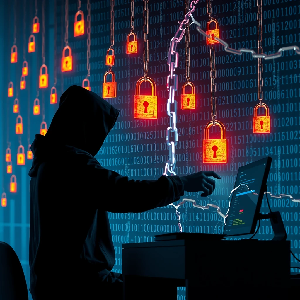 Hacker silhouette attempting to breach strong encryption wall with chains and locks