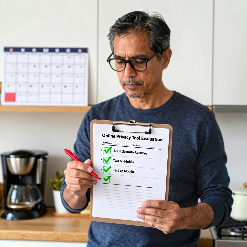 Man reviewing a privacy tools checklist in a home setting