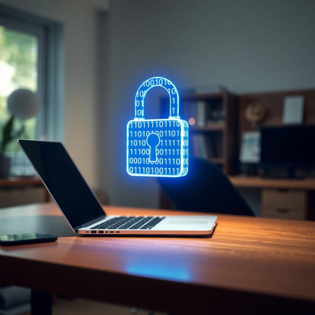 Glowing blue binary code padlock above a laptop in a modern home office