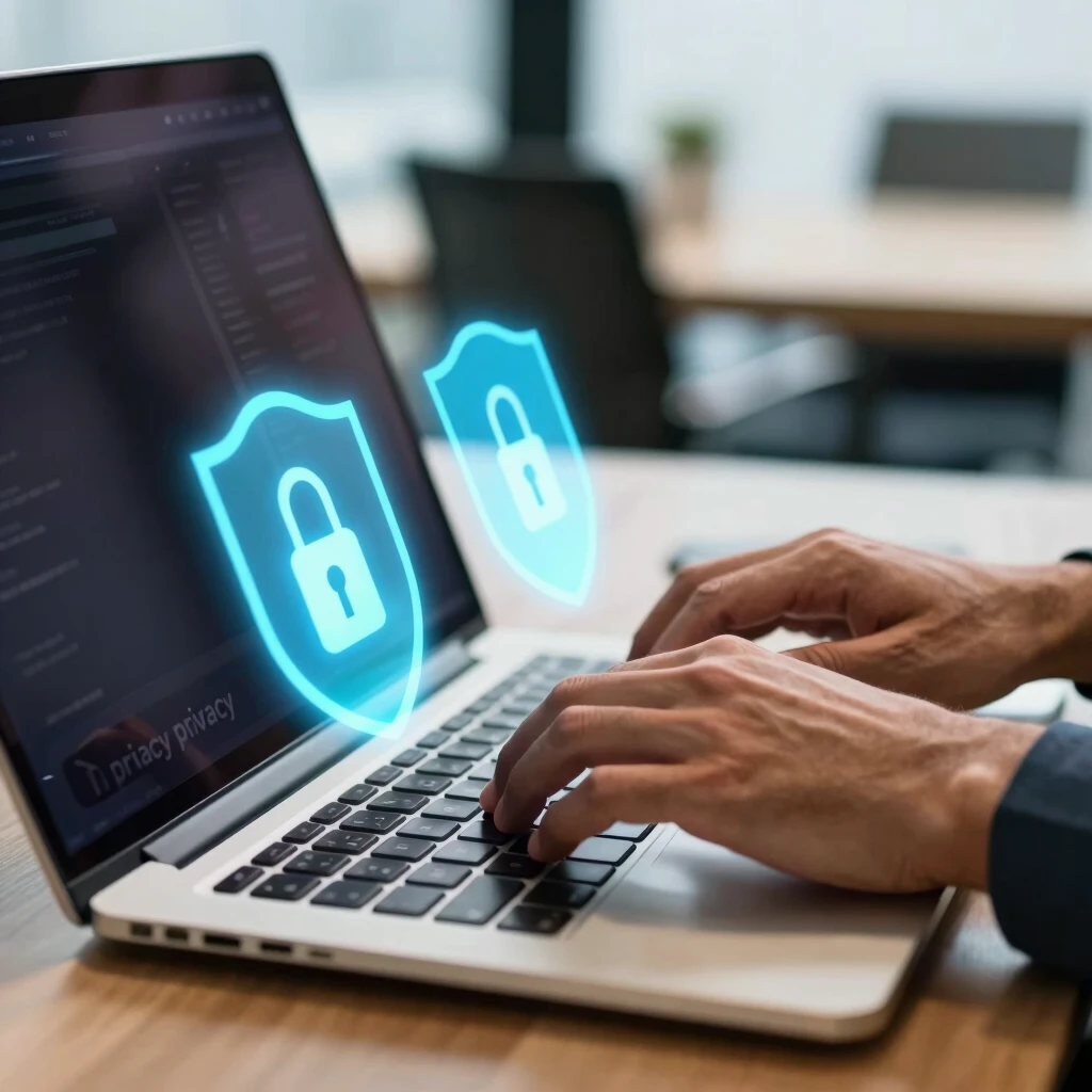 Person using laptop with privacy locks and shields on screen