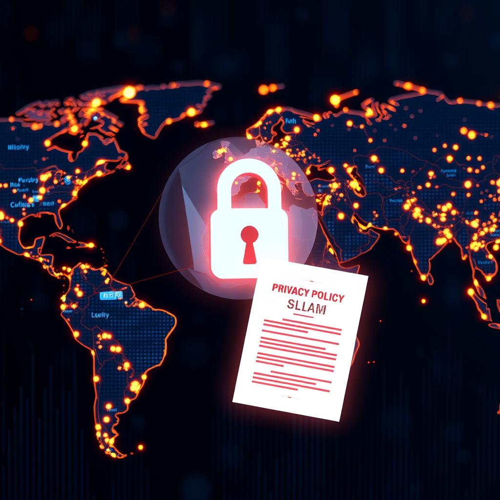 Digital world map with privacy icons, illustrating global online privacy laws.