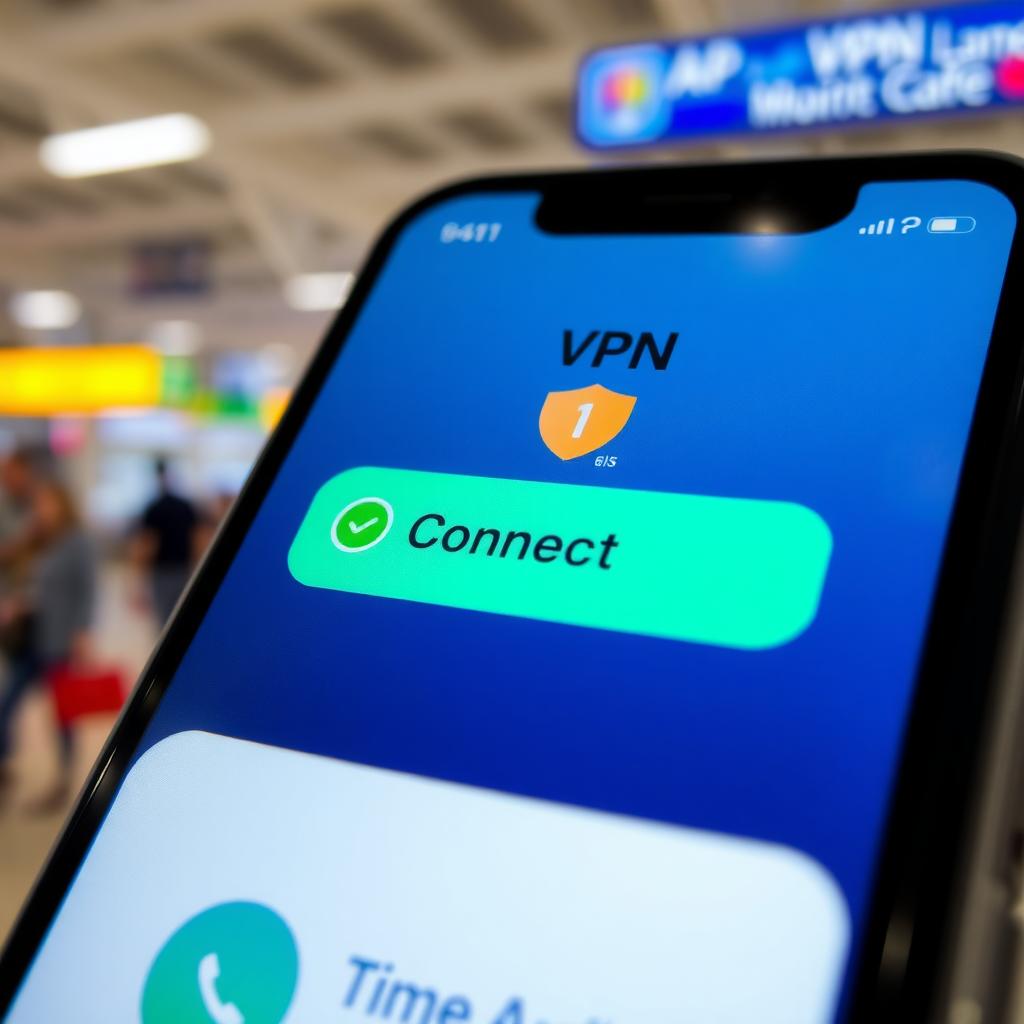 Smartphone with active VPN app in airport setting.