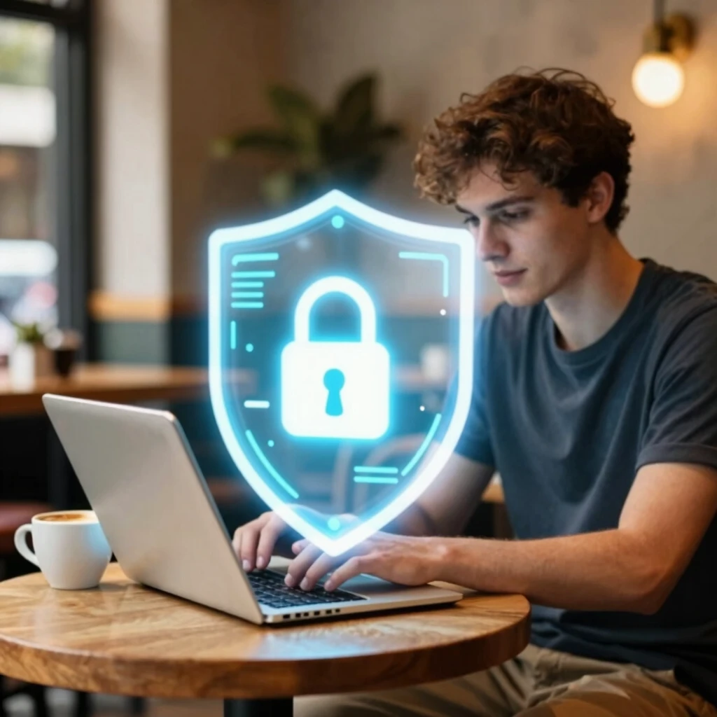 Person using laptop in coffee shop with digital VPN shield overlay for privacy protection