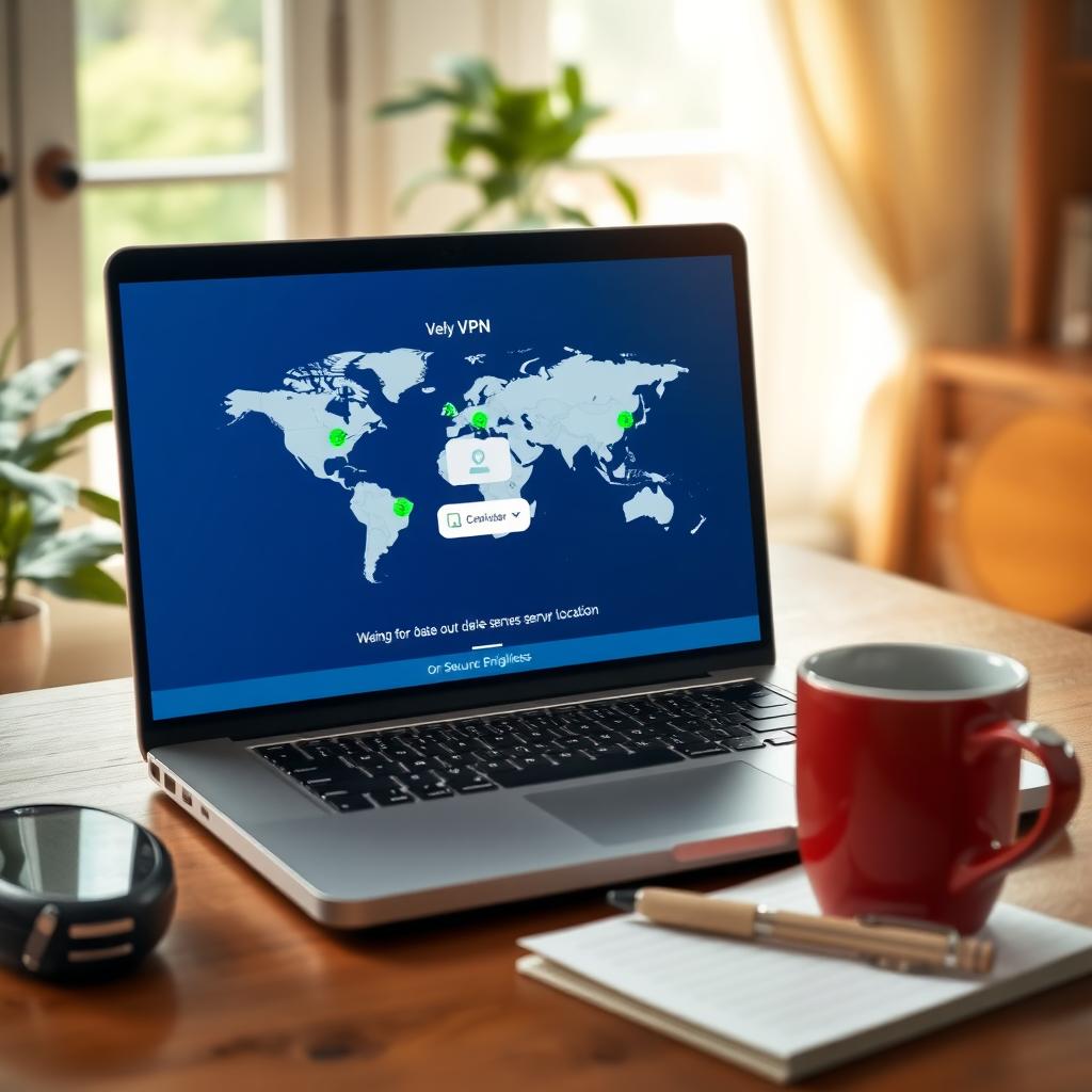 Laptop displaying a VPN app interface with a world map, placed on a wooden desk in a cozy home office.