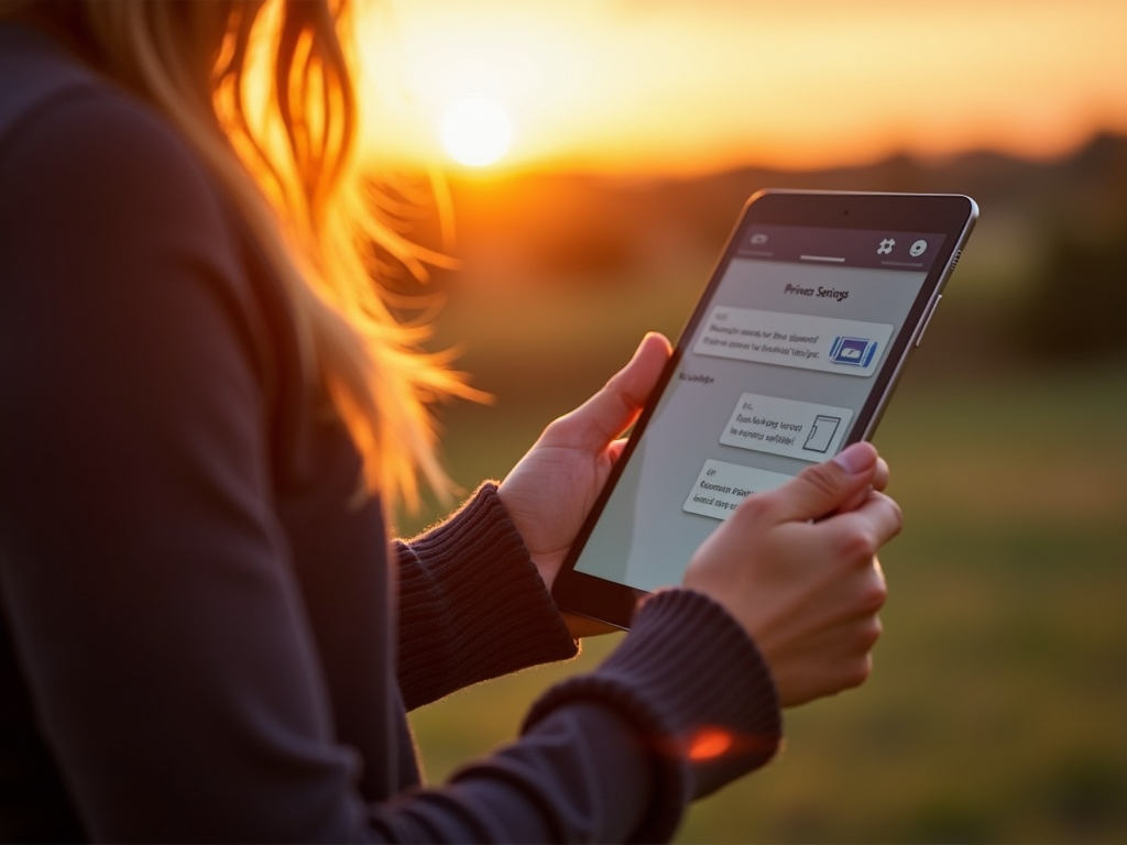 Adjusting privacy settings on a tablet at sunset.