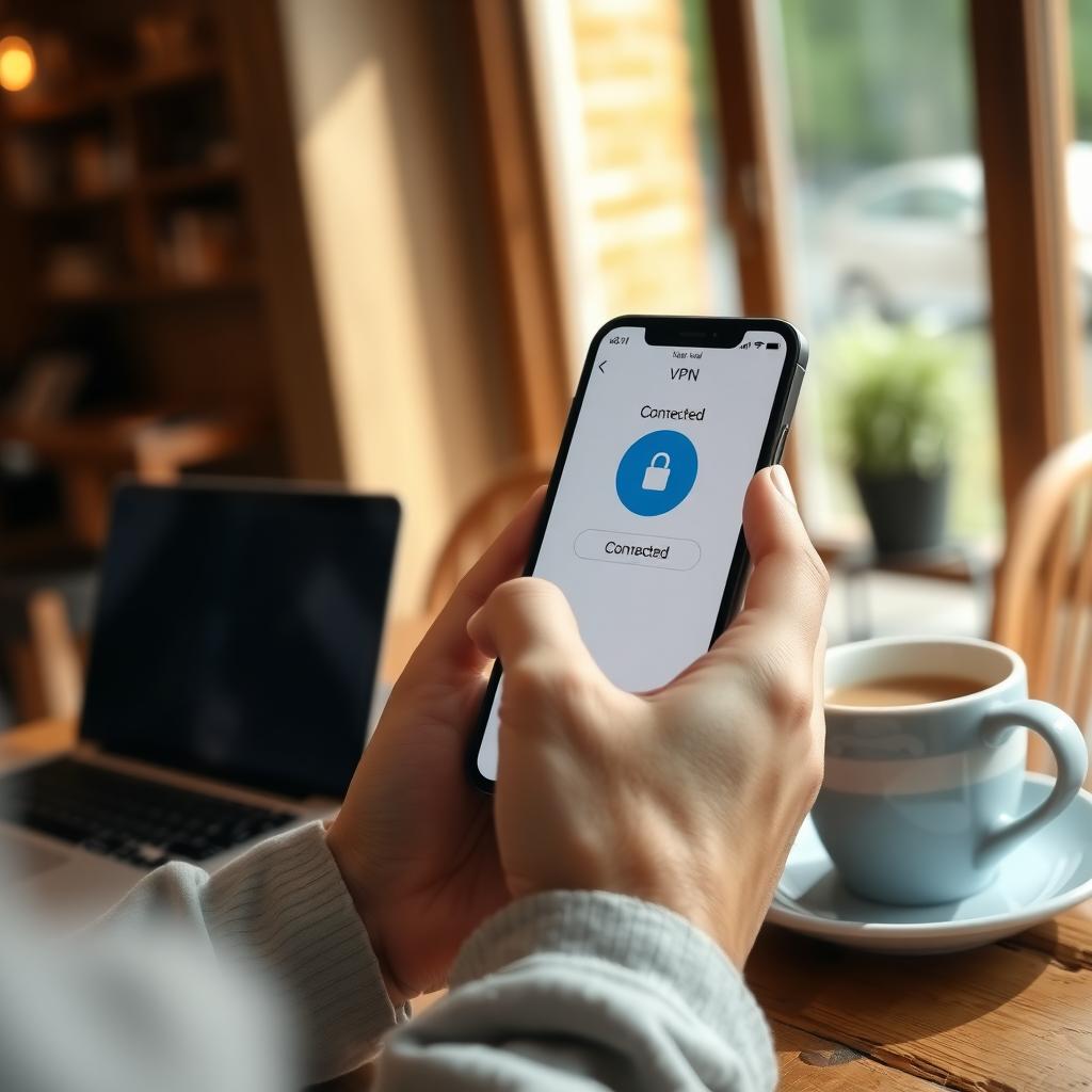 Person using a smartphone with a VPN app open in a cozy coffee shop