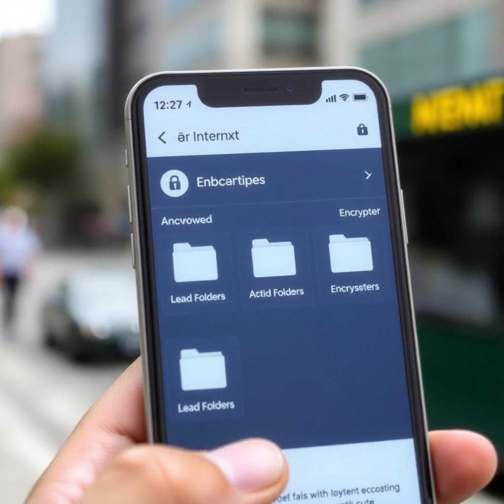 Smartphone displaying Internxt mobile app with encrypted folders in a cityscape background.