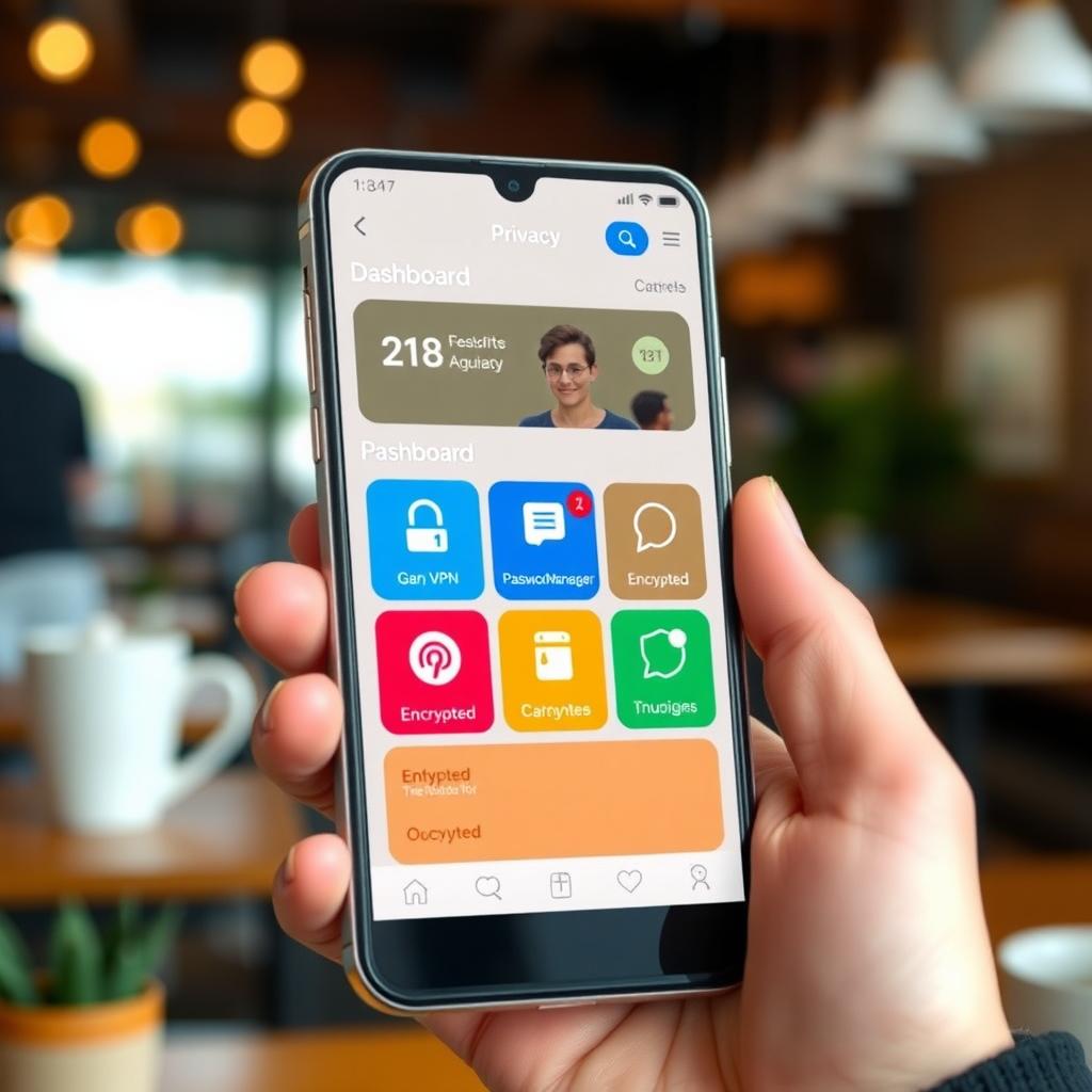 Smartphone showing a privacy dashboard with VPN and messaging app icons in a coffee shop setting.