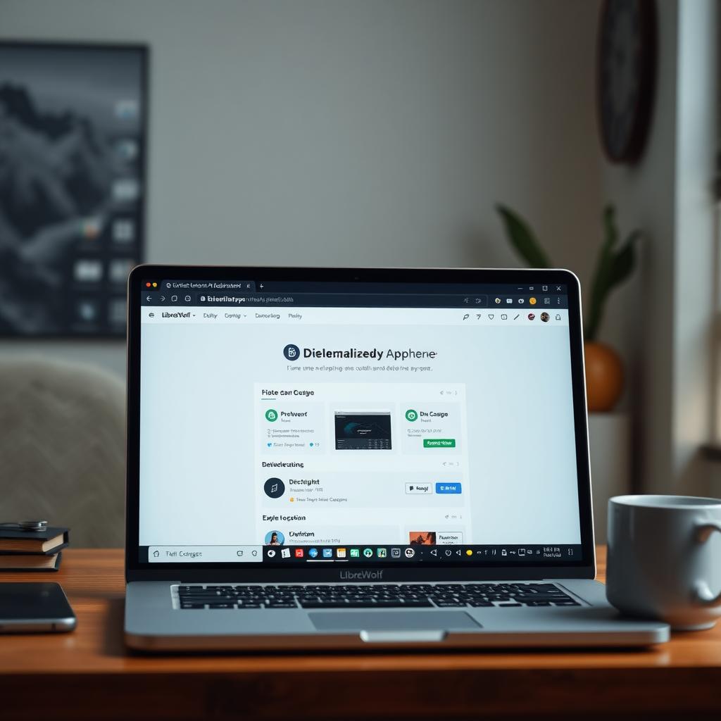 A laptop showing the LibreWolf browser with a decentralized app interface, set in a cozy home office with a blockchain network in the background.
