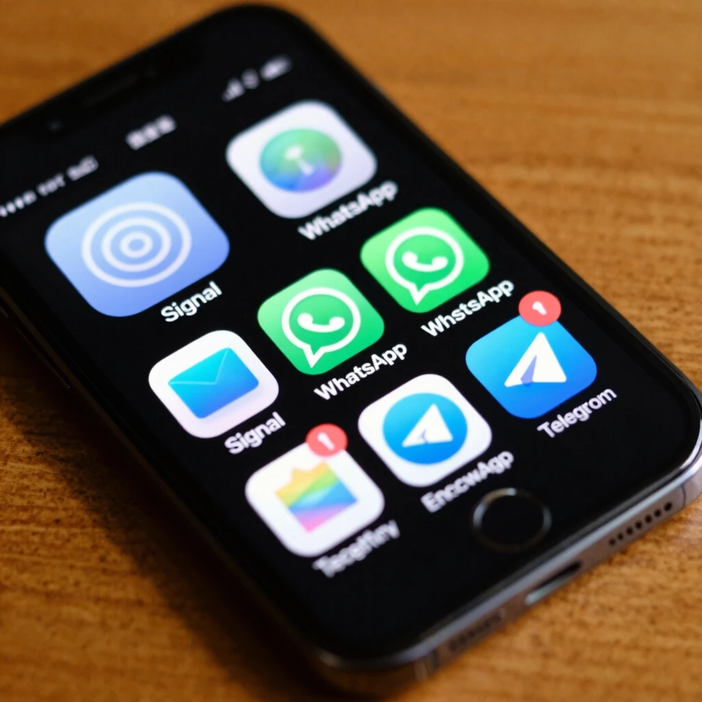 Smartphone screen showing encrypted messaging apps like Signal and WhatsApp