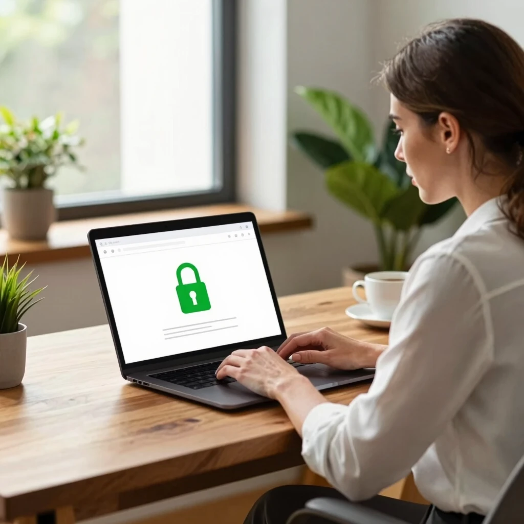 Woman securely checking encrypted email on laptop in home office