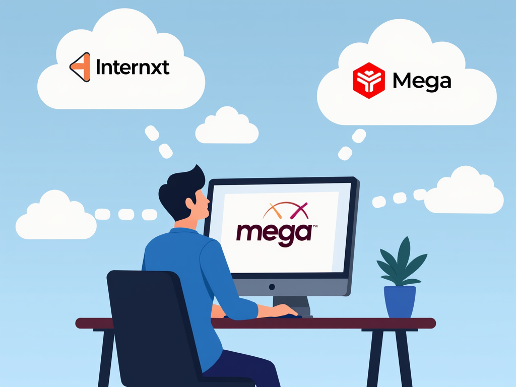 Person comparing Internxt and Mega cloud storage services on a computer