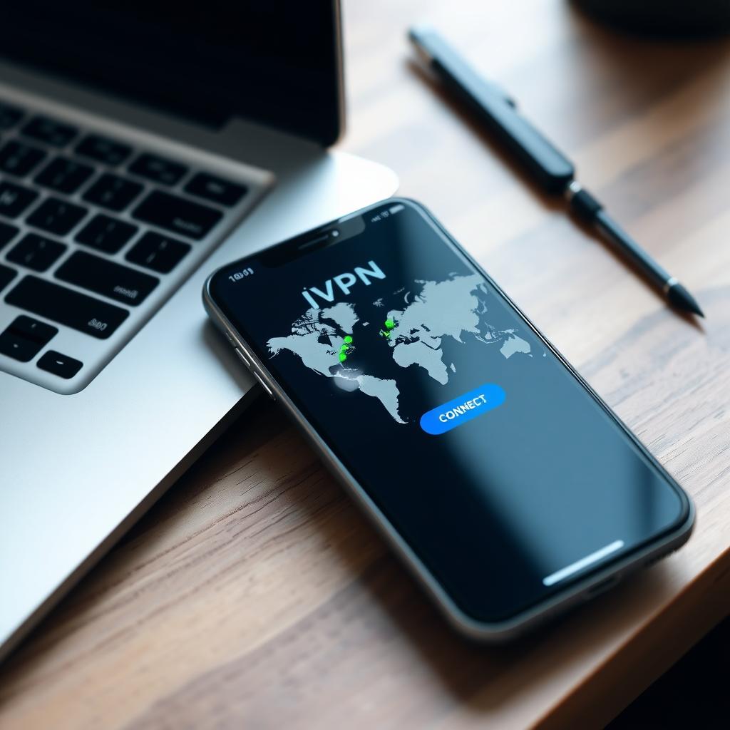 Smartphone displaying the IVPN app interface with a world map and server locations on a wooden desk.