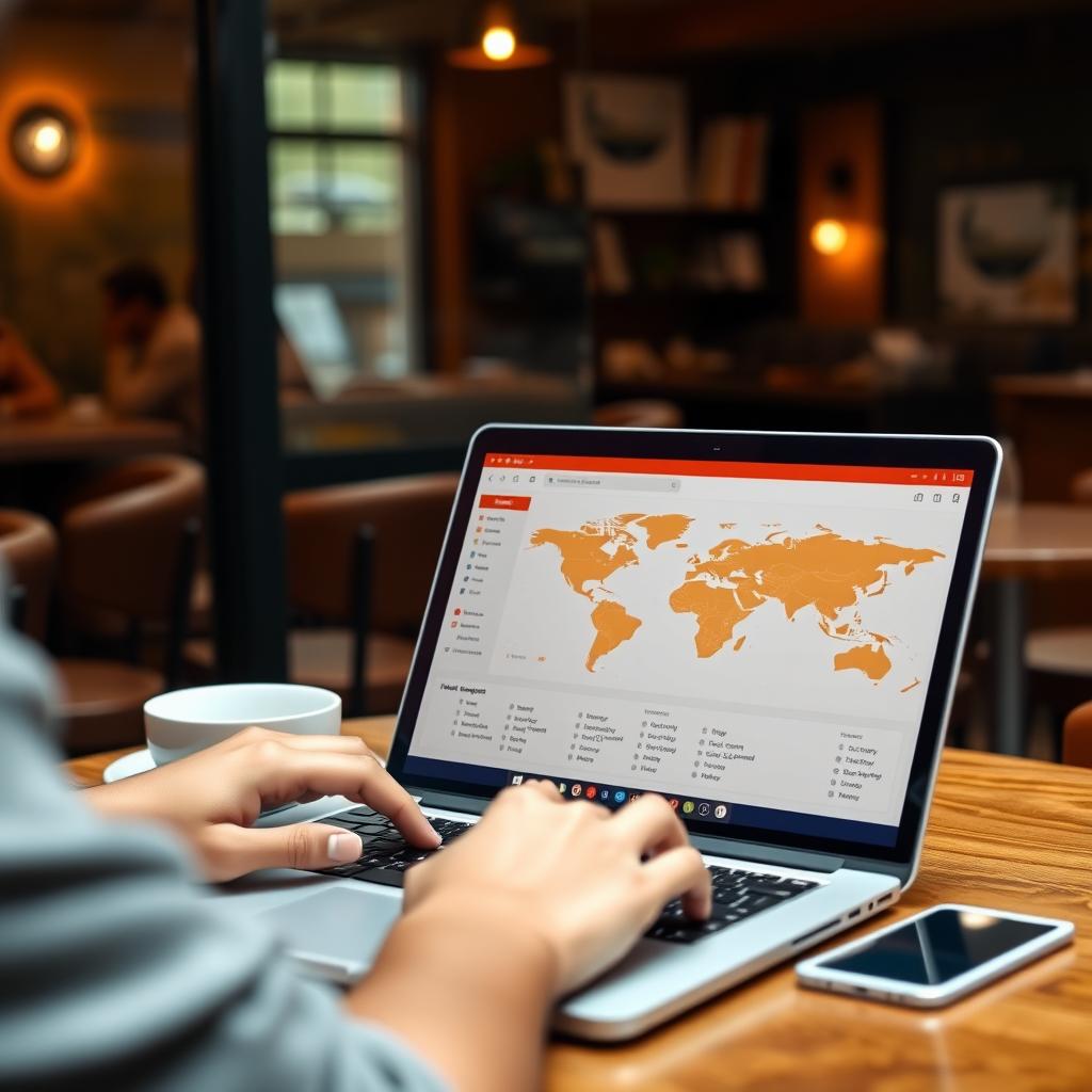 Person using a VPN on a laptop in a coffee shop.