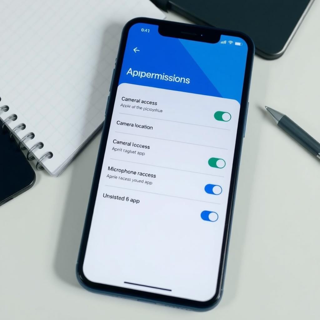 Smartphone screen showing app permissions settings with toggles off, on a modern desk.