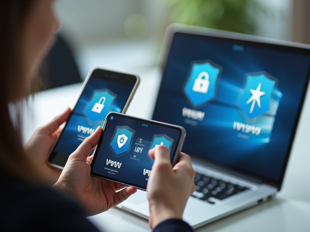 A person using multiple devices with VPN protection for comprehensive online security.