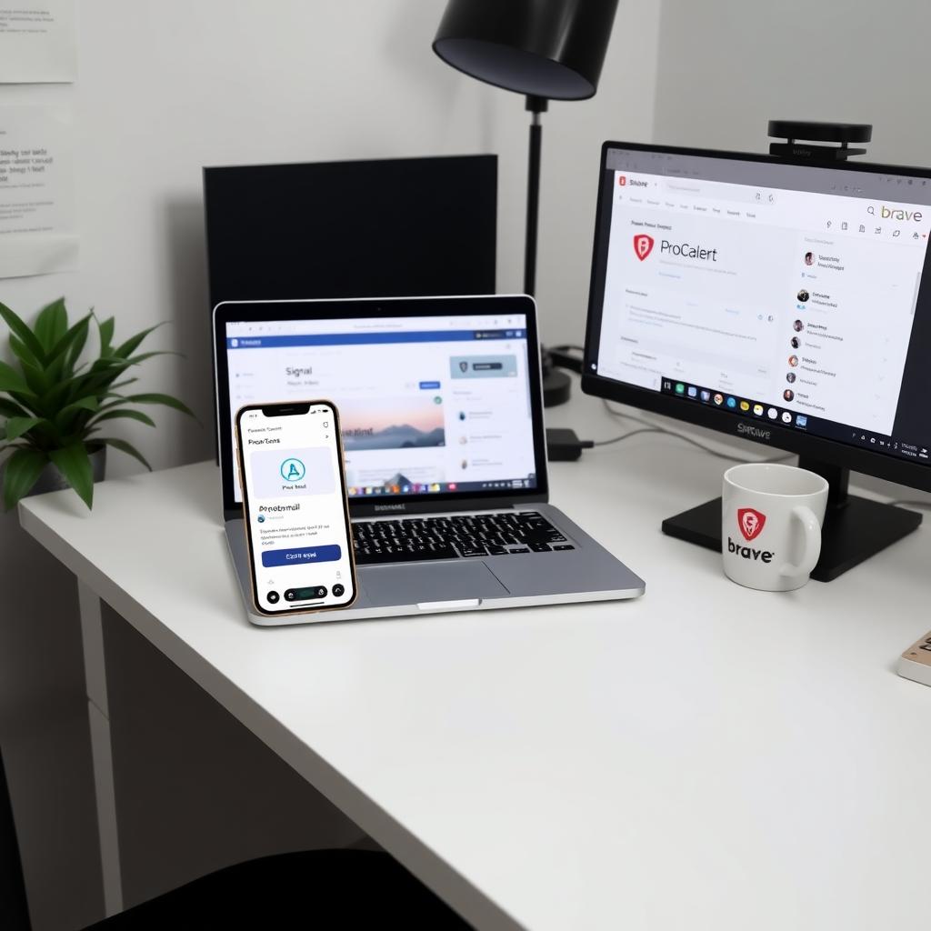 Desk with smartphone, laptop, and monitor displaying privacy-focused apps