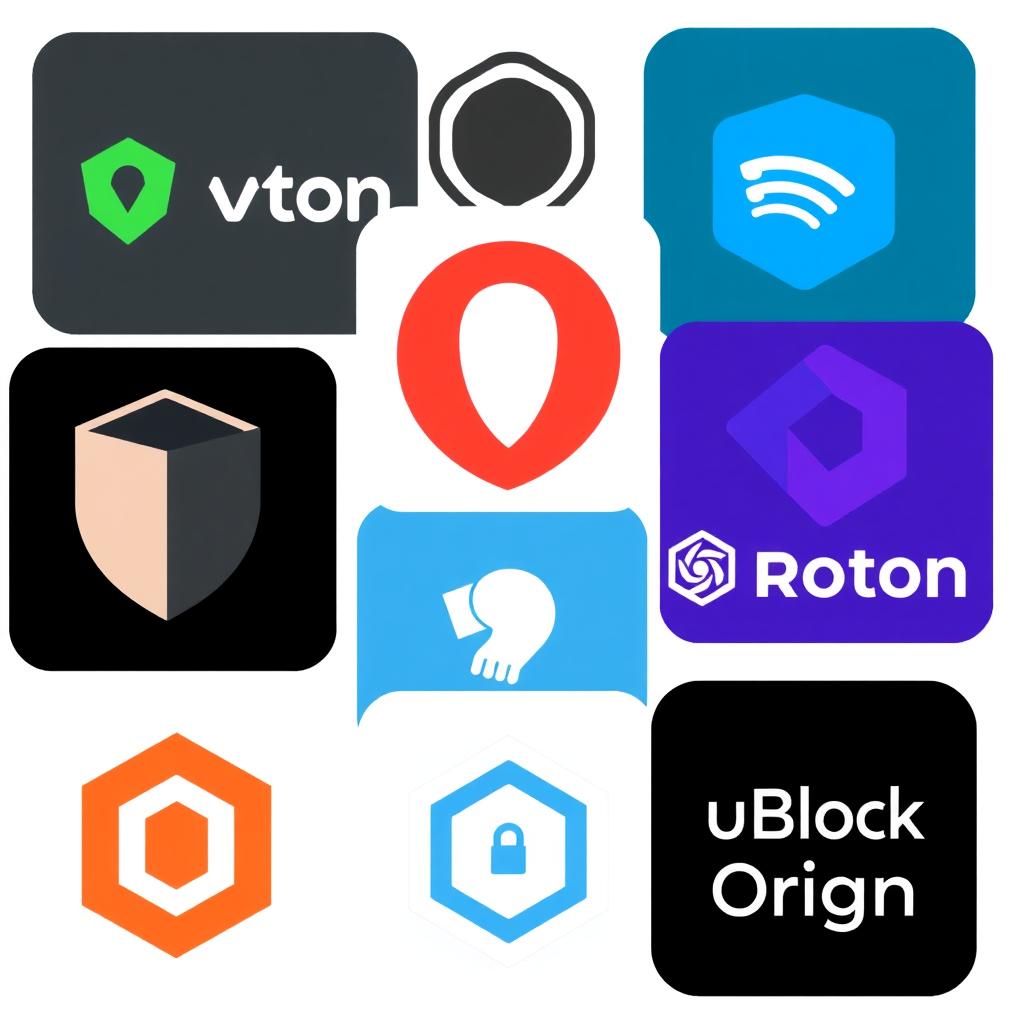 Logos of various online privacy tools, including VPNs, password managers, and browser extensions.