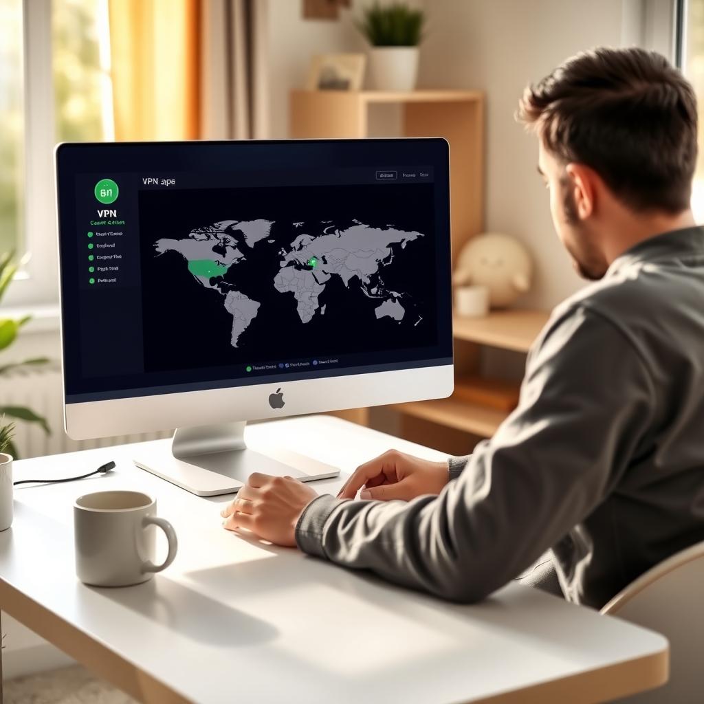 Person using a laptop with a VPN interface in a cozy home office