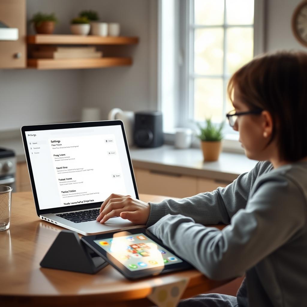 Parent reviewing privacy settings on a laptop in a cozy kitchen while a child’s tablet sits nearby.
