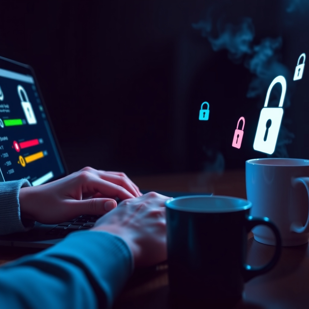 Hands creating strong passwords on a secure laptop