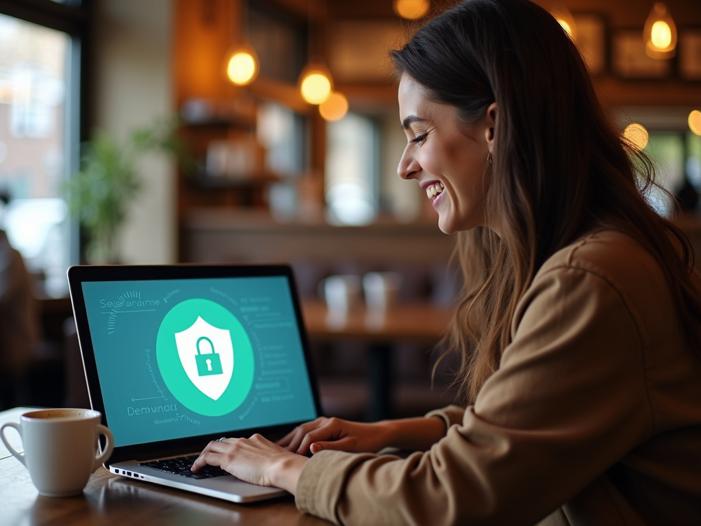 Person using VPN on laptop in coffee shop