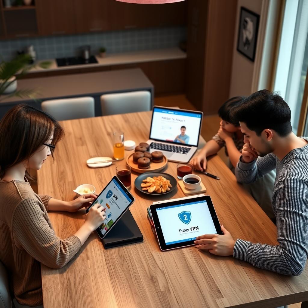 Family using devices with privacy tool interfaces at a dining table in a modern home.