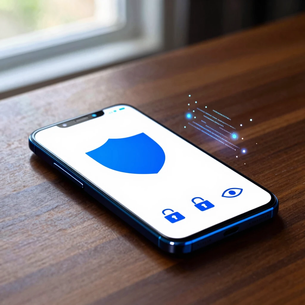 Android smartphone surrounded by digital privacy protection symbols