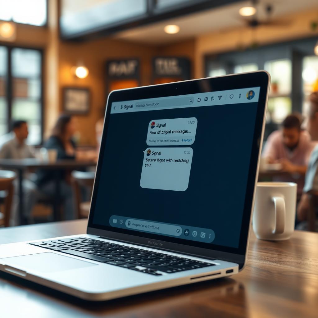 Laptop displaying Signal messaging app in a coffee shop
