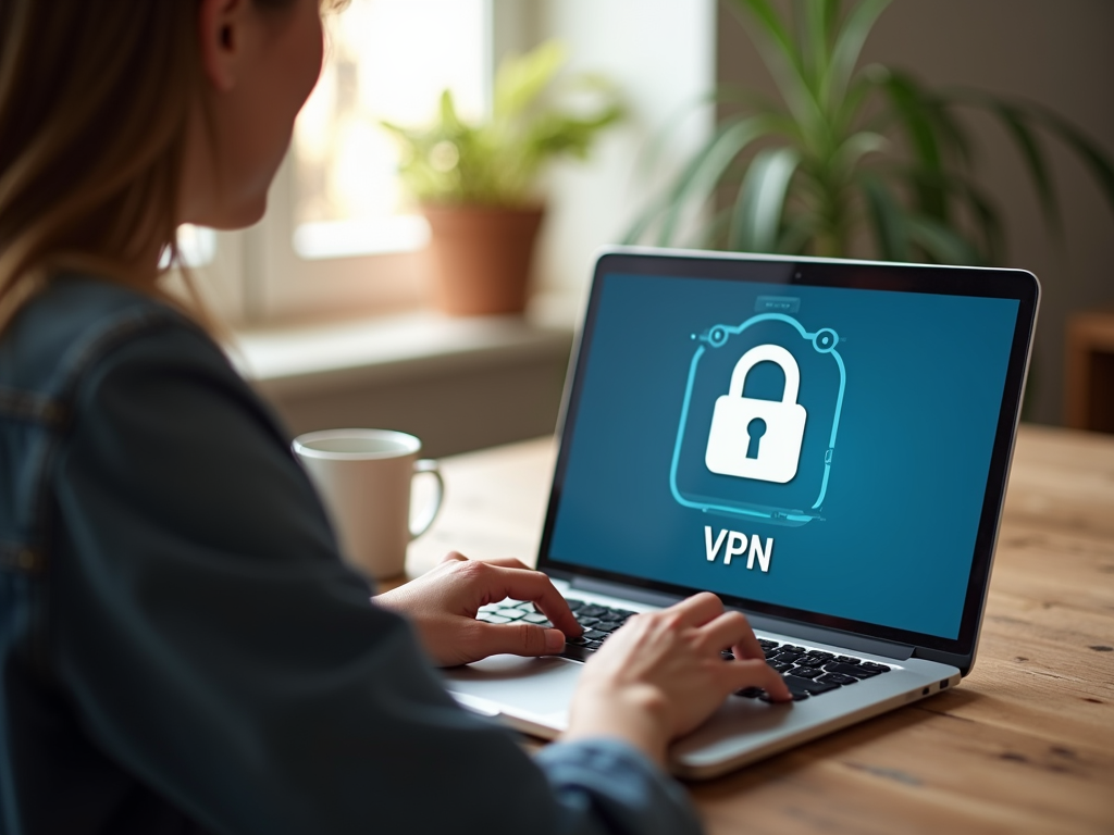A person using a VPN on their laptop in a cozy home office.