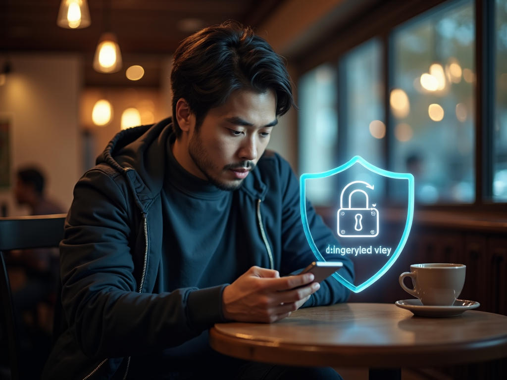 Person using a smartphone in a coffee shop, with a shield symbolizing encrypted data protection.