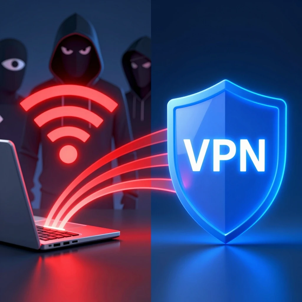 Visual comparison of internet data unprotected versus protected by a VPN on public Wi-Fi