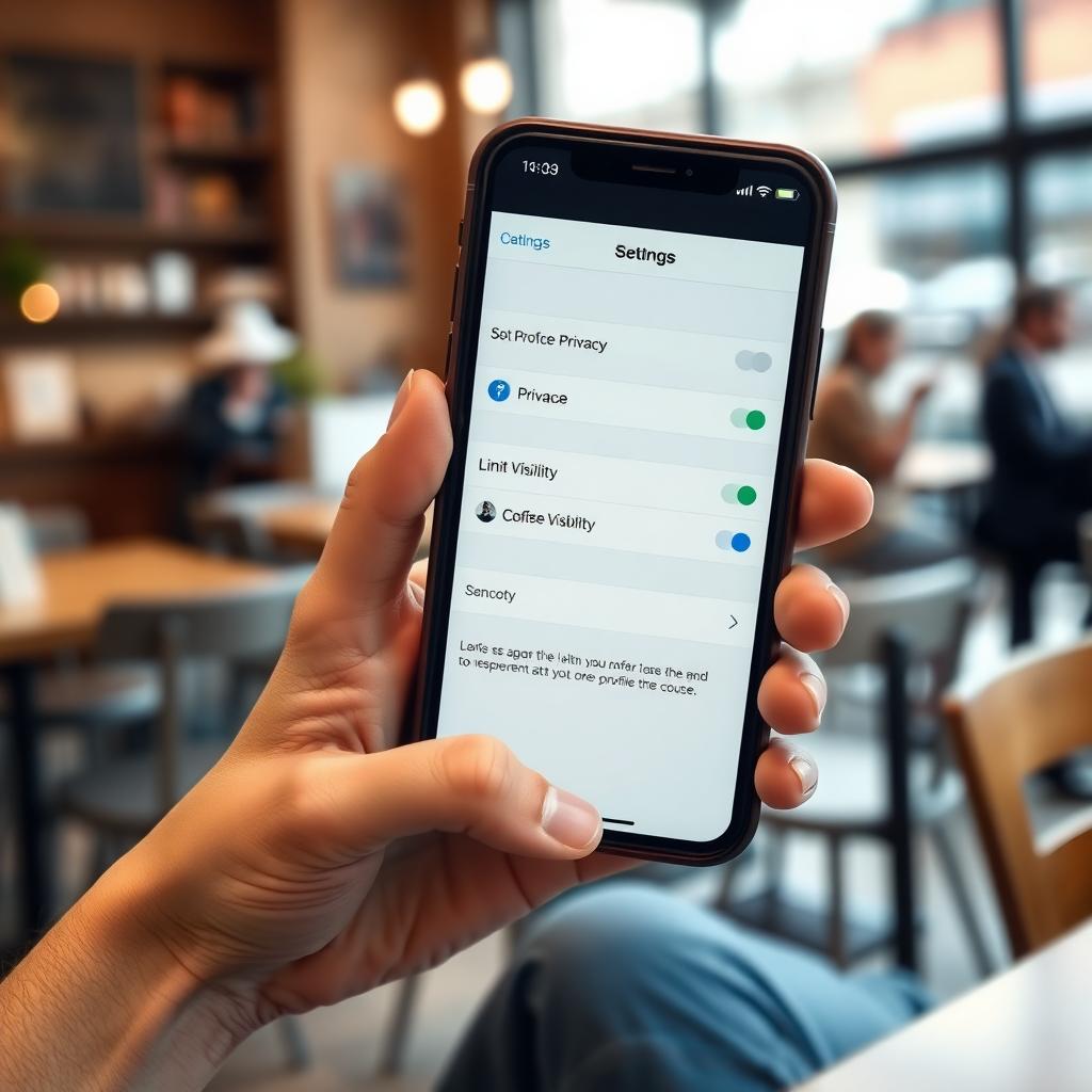 Smartphone showing social media privacy settings in a coffee shop