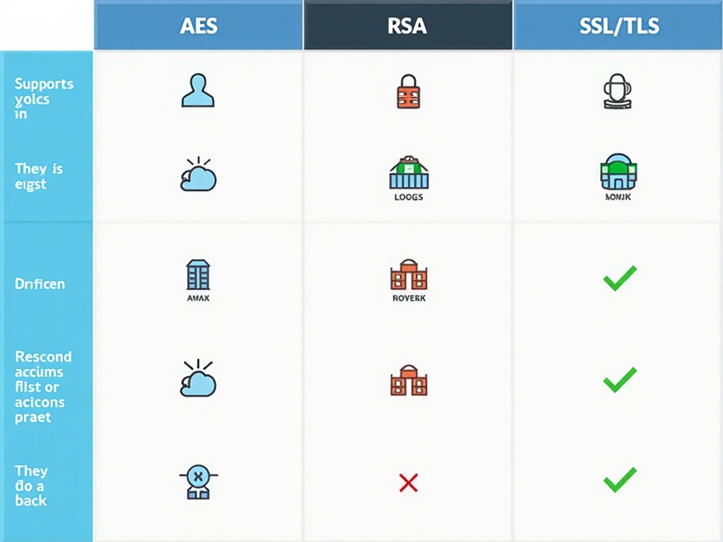 Infographic comparing AES, RSA, and SSL/TLS encryption types.