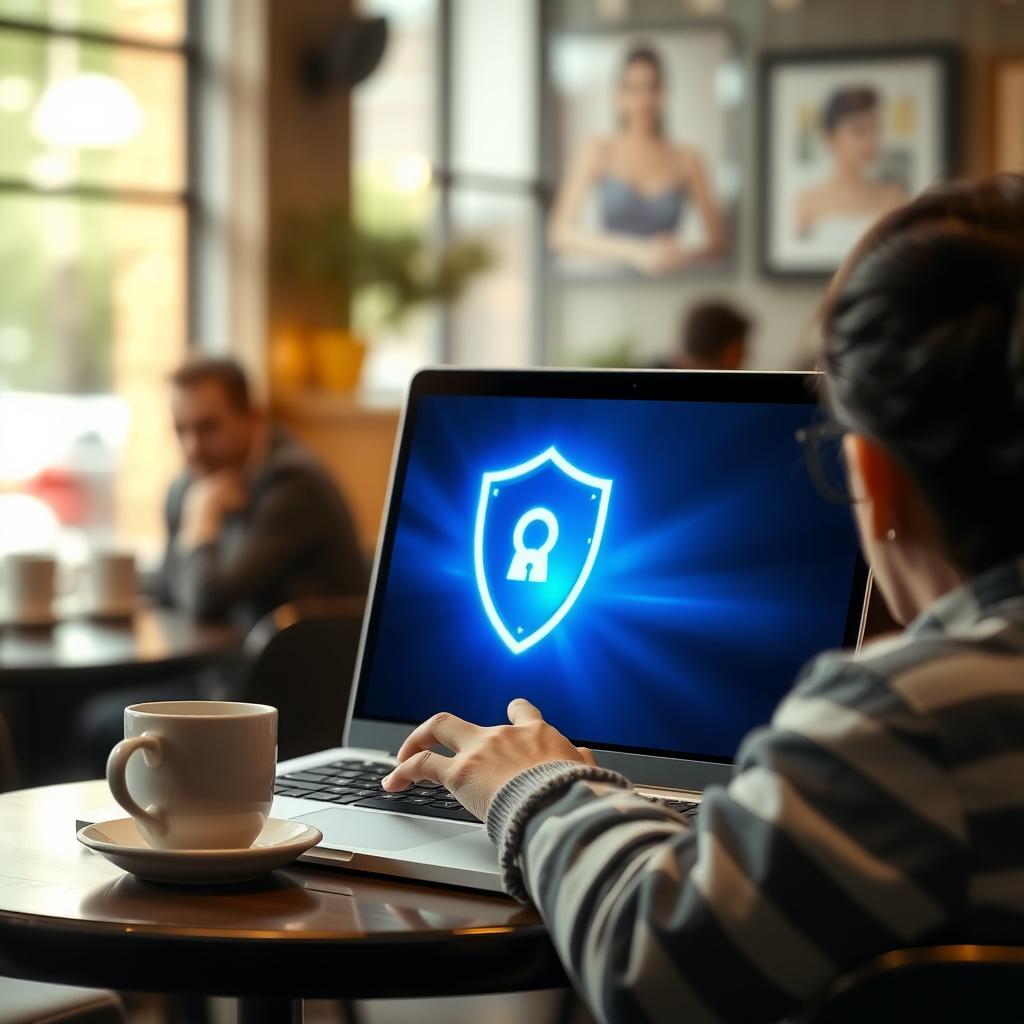Person using a laptop with a privacy shield icon on the screen in a cozy coffee shop