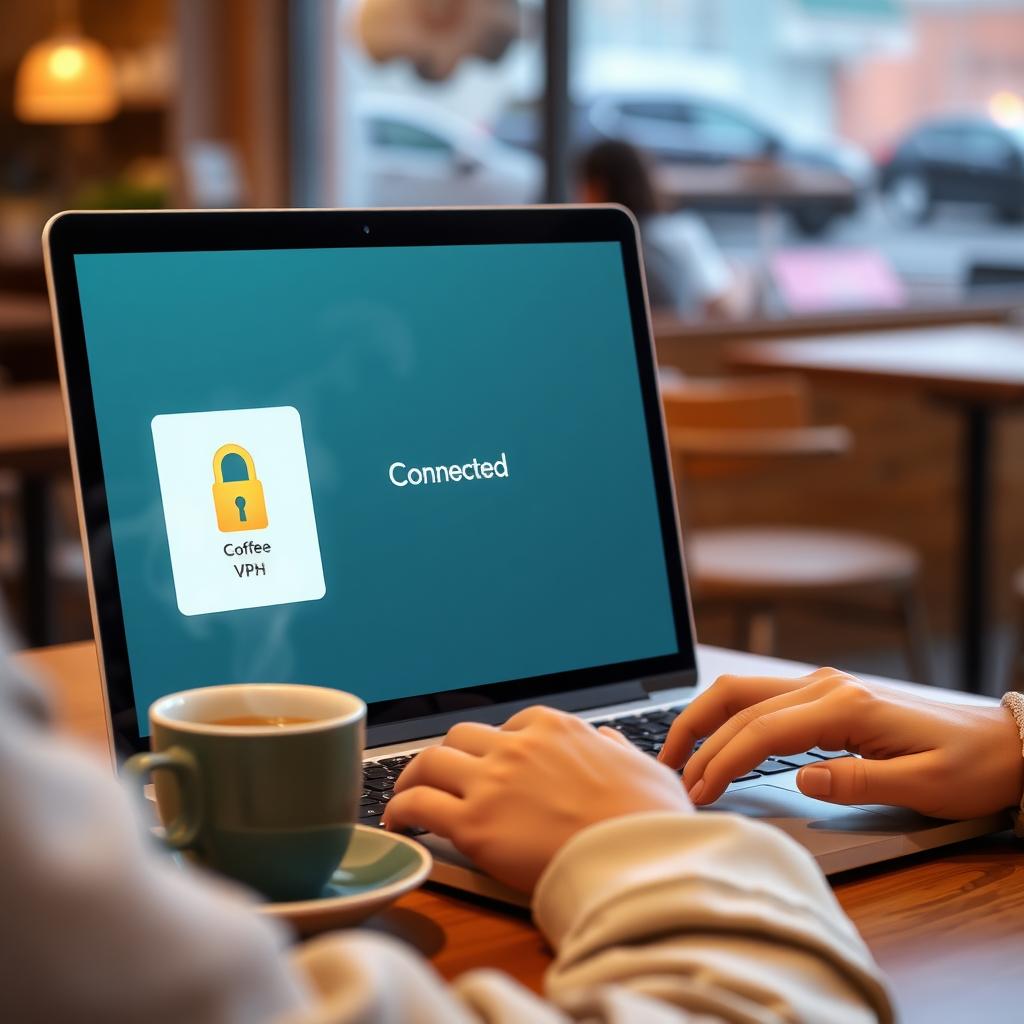 Person using a laptop with a VPN app open in a cozy coffee shop