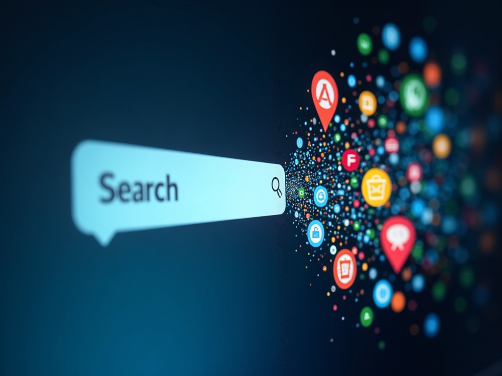 Image of a search bar with data icons flowing out.