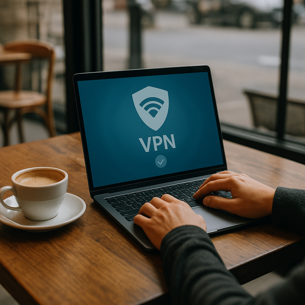 Person using VPN on laptop at café with coffee