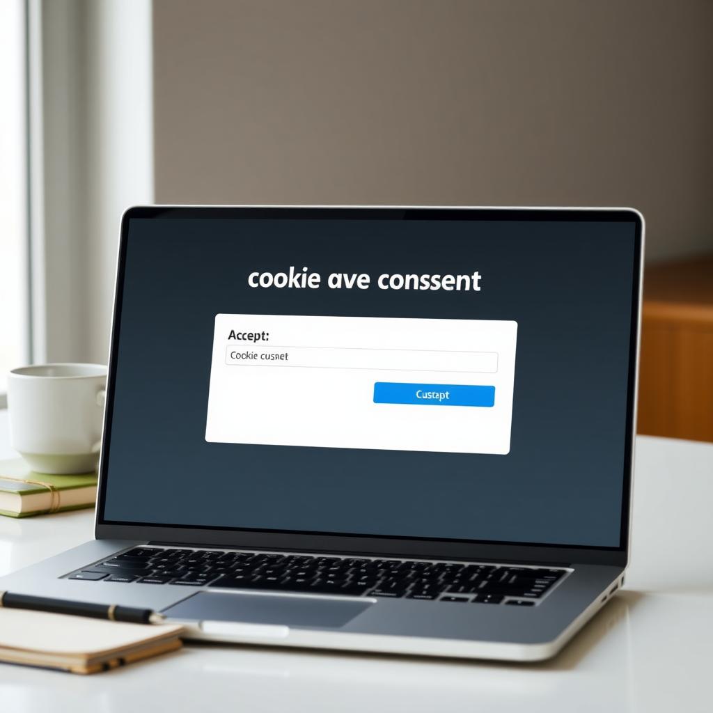 Laptop showing a GDPR-compliant cookie consent popup on a website, placed on a tidy desk.